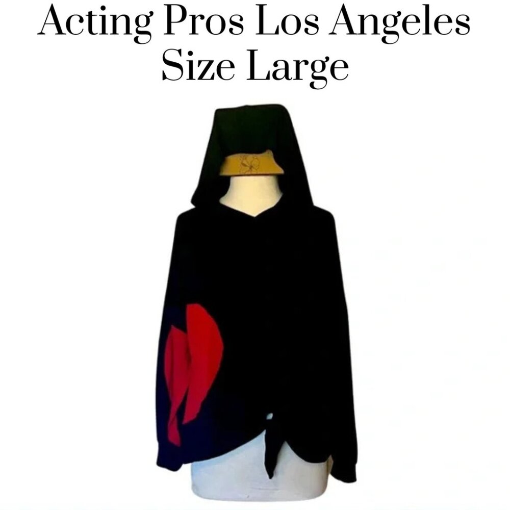 EUC Acting Pro Los Angeles split heart tie front hoodie black w/ res heart. SZ L